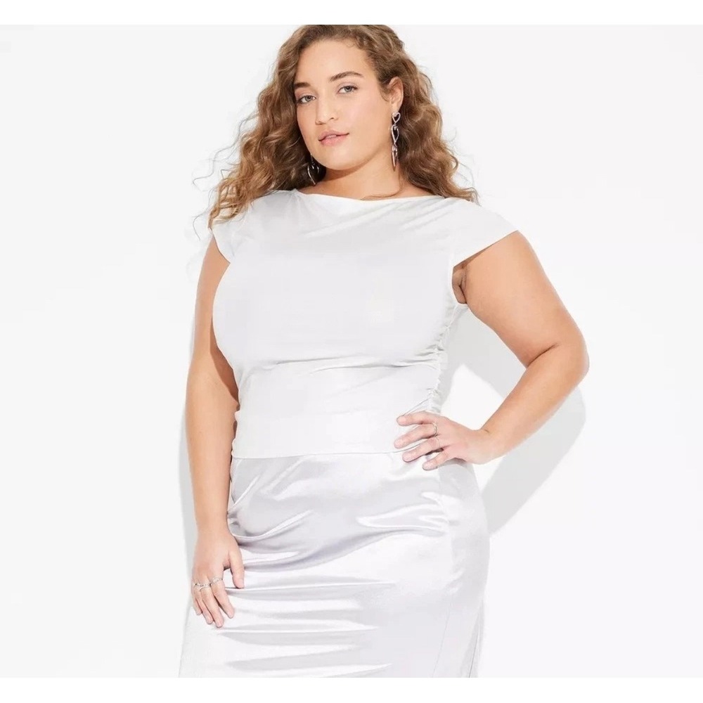 Wild‎ Fable Metallic Cap Sleeve Ruched Top Off-White Silver Boat Neck Large NWT